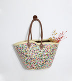 Sequin Straw Tote Bag - Colorful Boho Beach Basket with Leather Handles