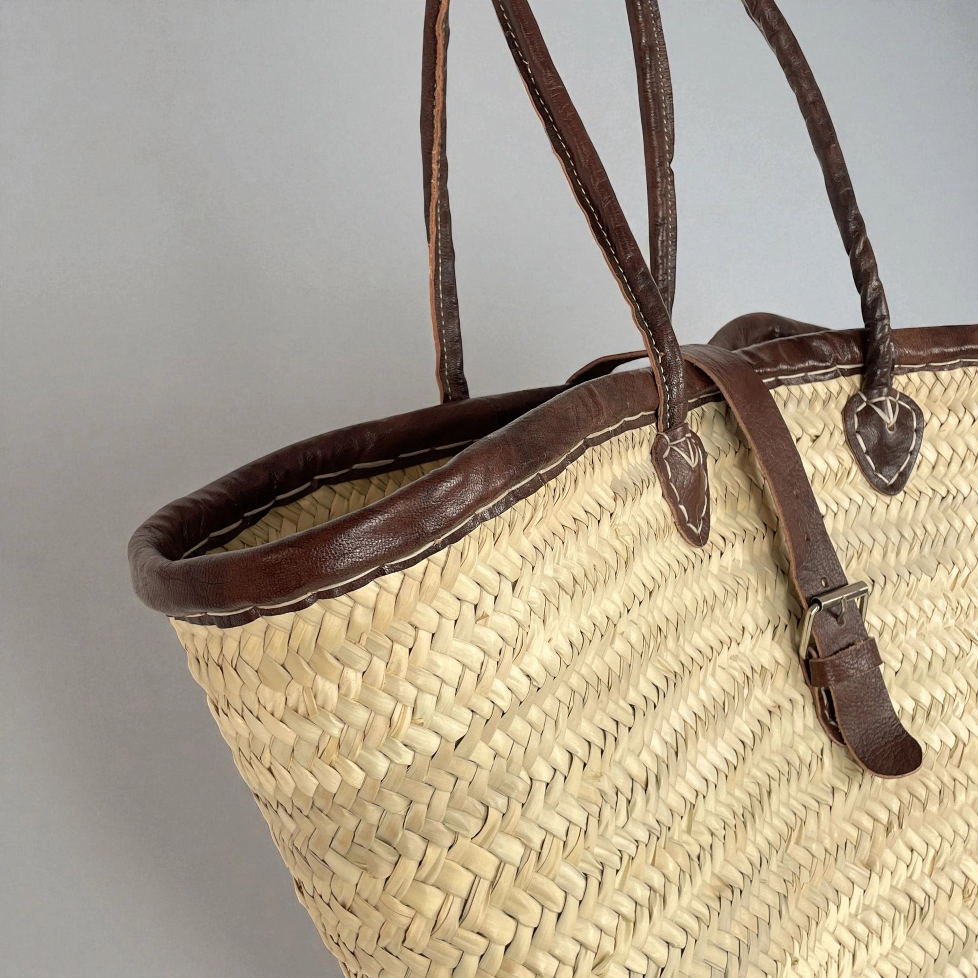 French Market Basket Straw Tote Bag with Leather Handles & Buckle Strap
