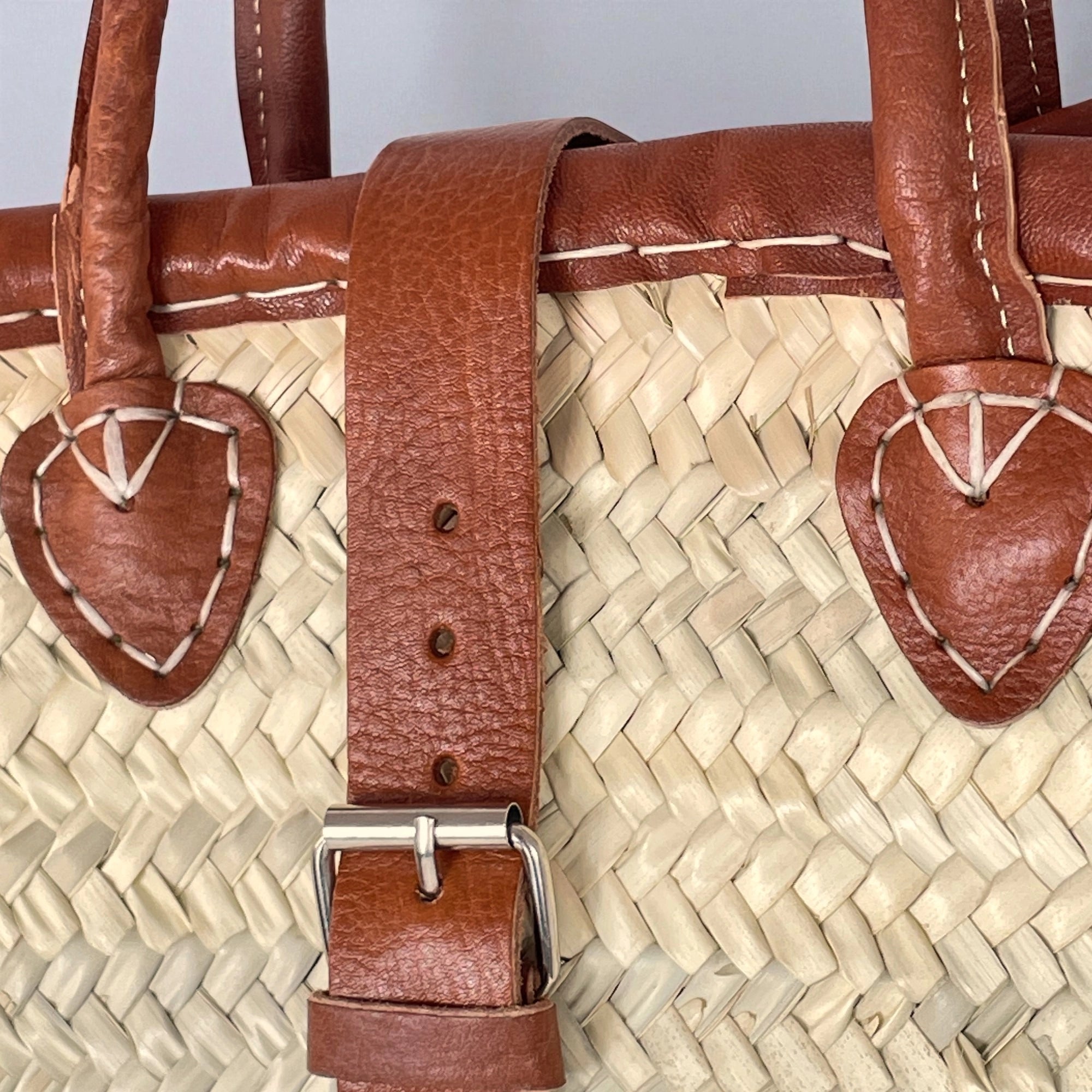 French Market Basket Straw Tote Bag with Leather Handles & Buckle Strap