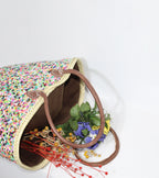 Sequin Straw Tote Bag - Colorful Boho Beach Basket with Leather Handles