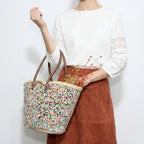 Sequin Straw Tote Bag - Colorful Boho Beach Basket with Leather Handles