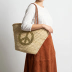 Sequin Peace Sign Straw Tote - Boho Market Basket with Leather Handles