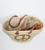 Sequin Peace Sign Straw Tote - Boho Market Basket with Leather Handles