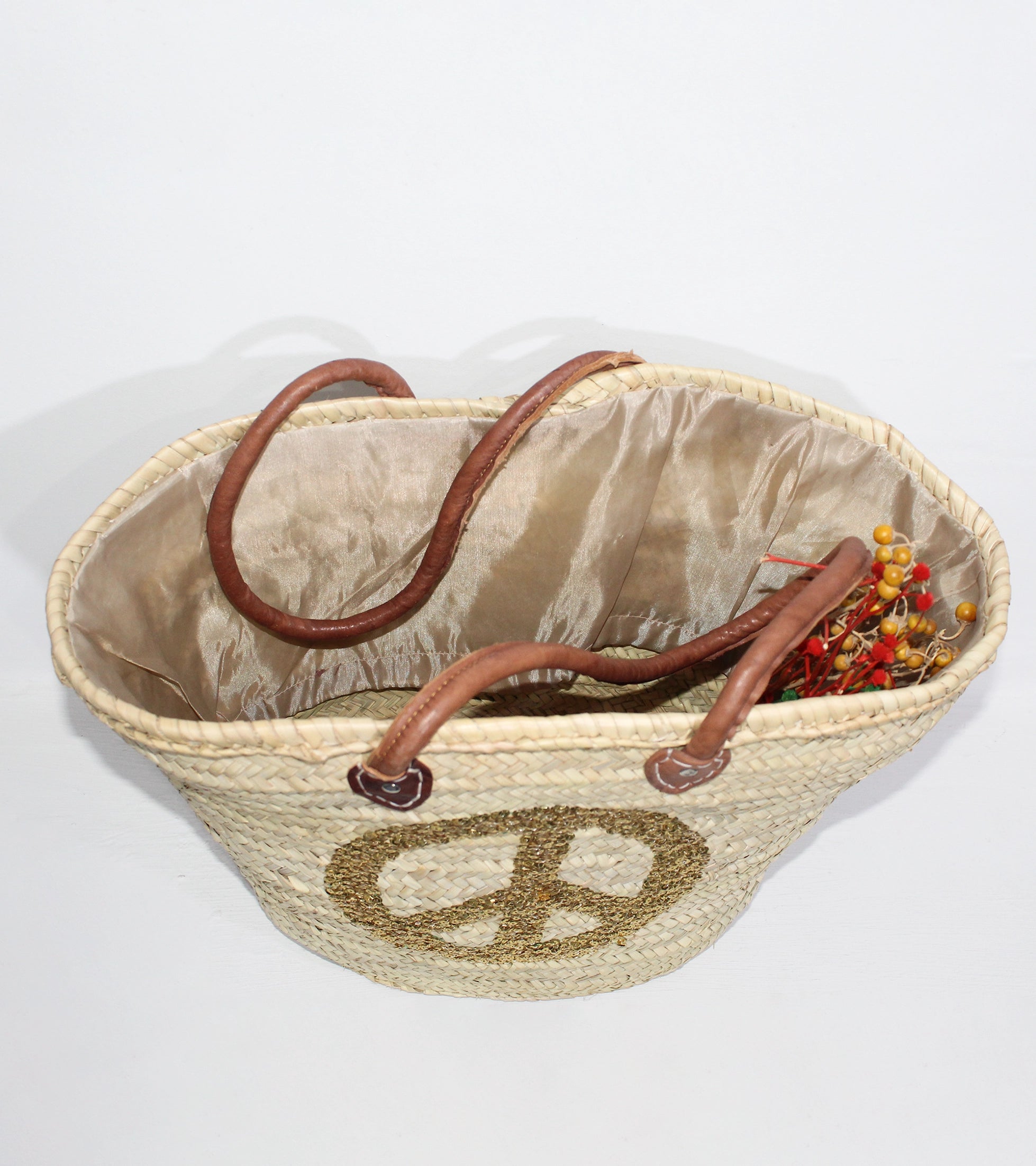 Sequin Peace Sign Straw Tote - Boho Market Basket with Leather Handles