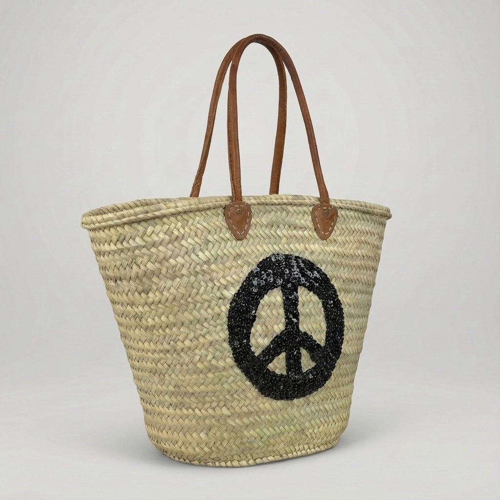 Sequin Peace Sign Straw Tote - Boho Market Basket with Leather Handles
