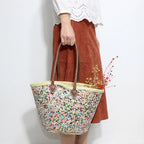 Sequin Straw Tote Bag - Colorful Boho Beach Basket with Leather Handles