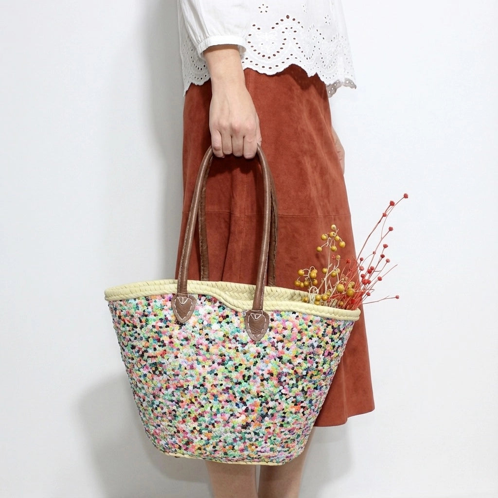 Sequin Straw Tote Bag - Colorful Boho Beach Basket with Leather Handles