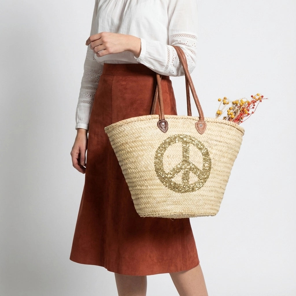 Sequin Peace Sign Straw Tote - Boho Market Basket with Leather Handles