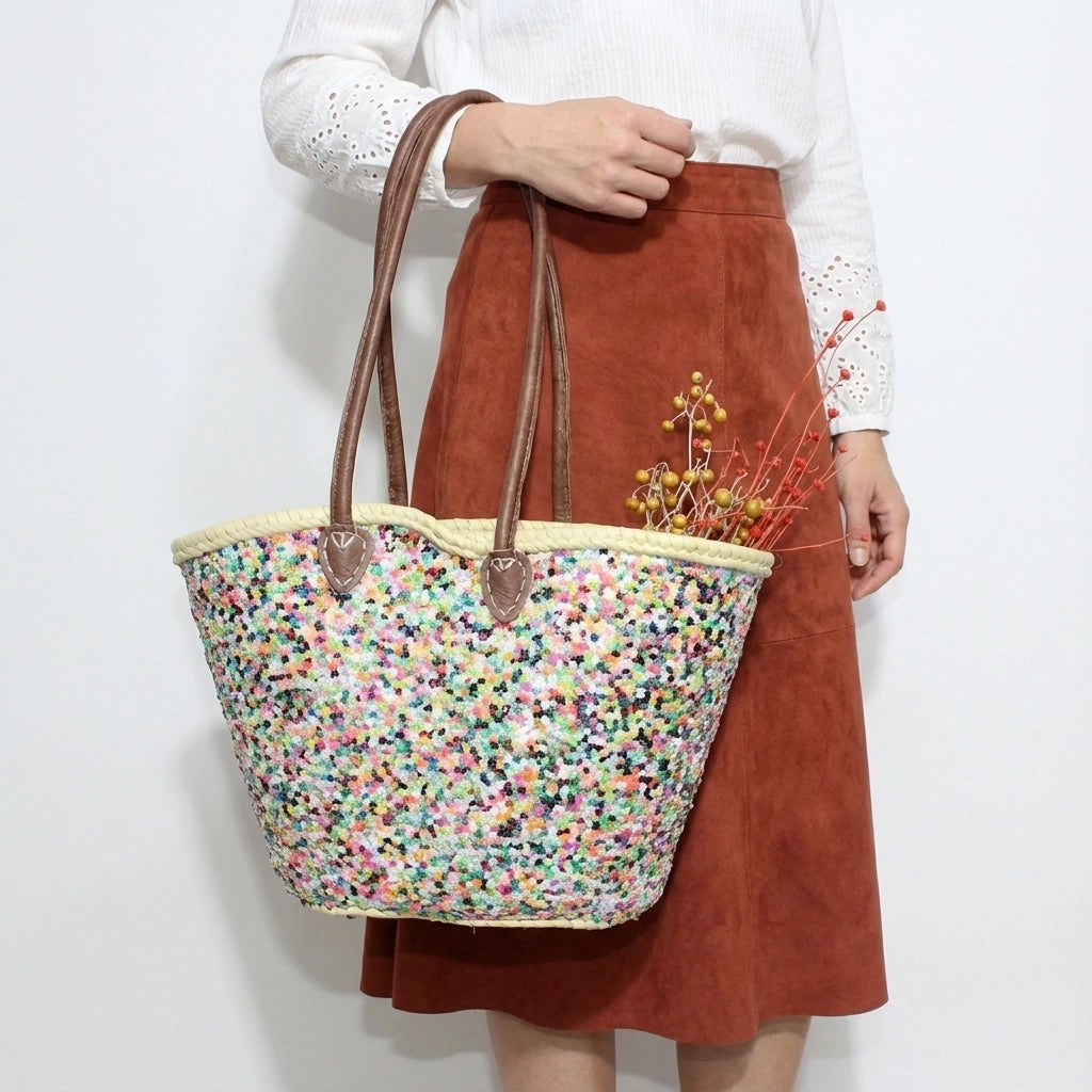 Sequin Straw Tote Bag - Colorful Boho Beach Basket with Leather Handles