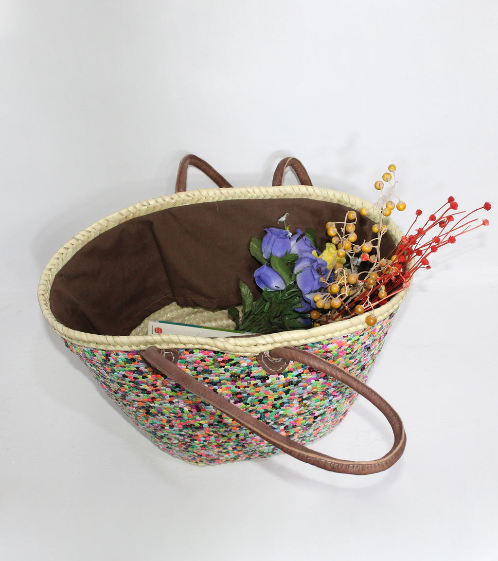 Sequin Straw Tote Bag - Colorful Boho Beach Basket with Leather Handles