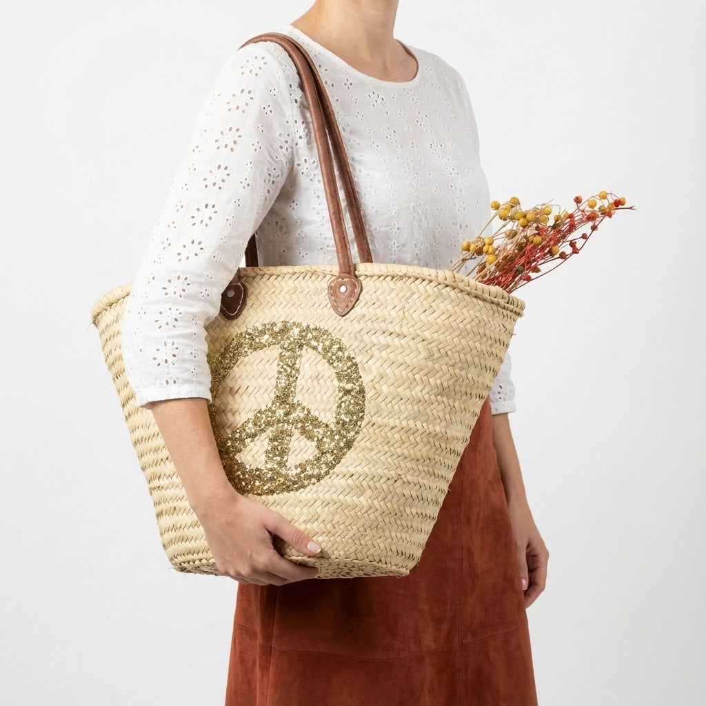 Sequin Peace Sign Straw Tote - Boho Market Basket with Leather Handles