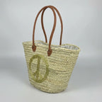 Sequin Peace Sign Straw Tote - Boho Market Basket with Leather Handles