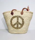 Sequin Peace Sign Straw Tote - Boho Market Basket with Leather Handles