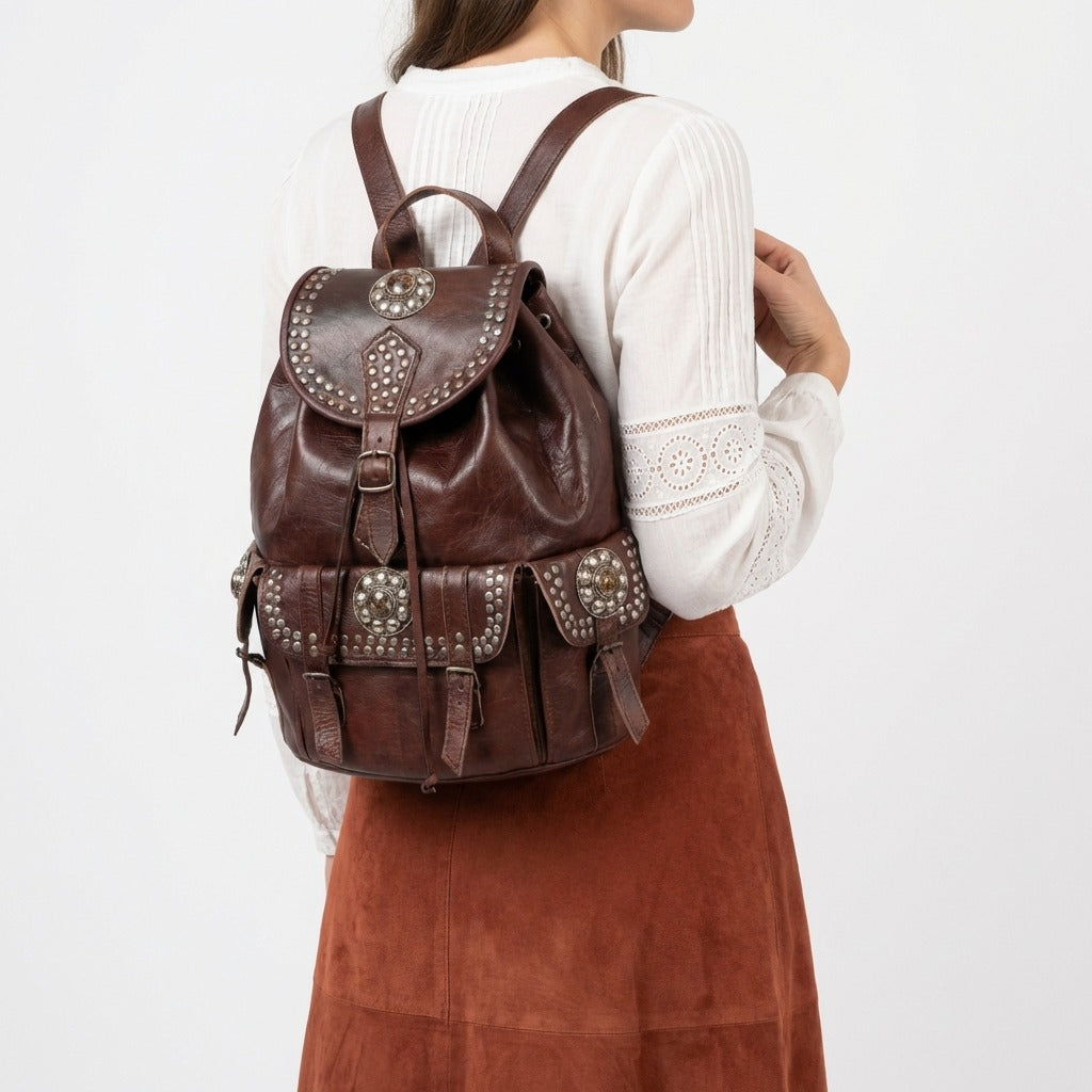 Vintage Style Leather Backpack Boho Western Rucksack with Studs