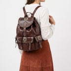 Vintage Style Leather Backpack Boho Western Rucksack with Studs