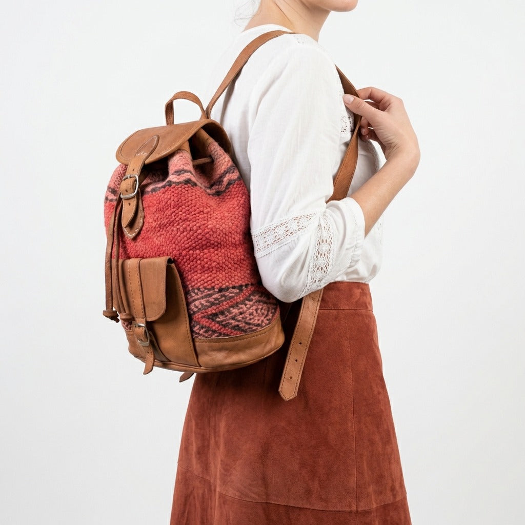 Kilim Leather Backpack Handmade Boho Wool & Tan Leather Rucksack