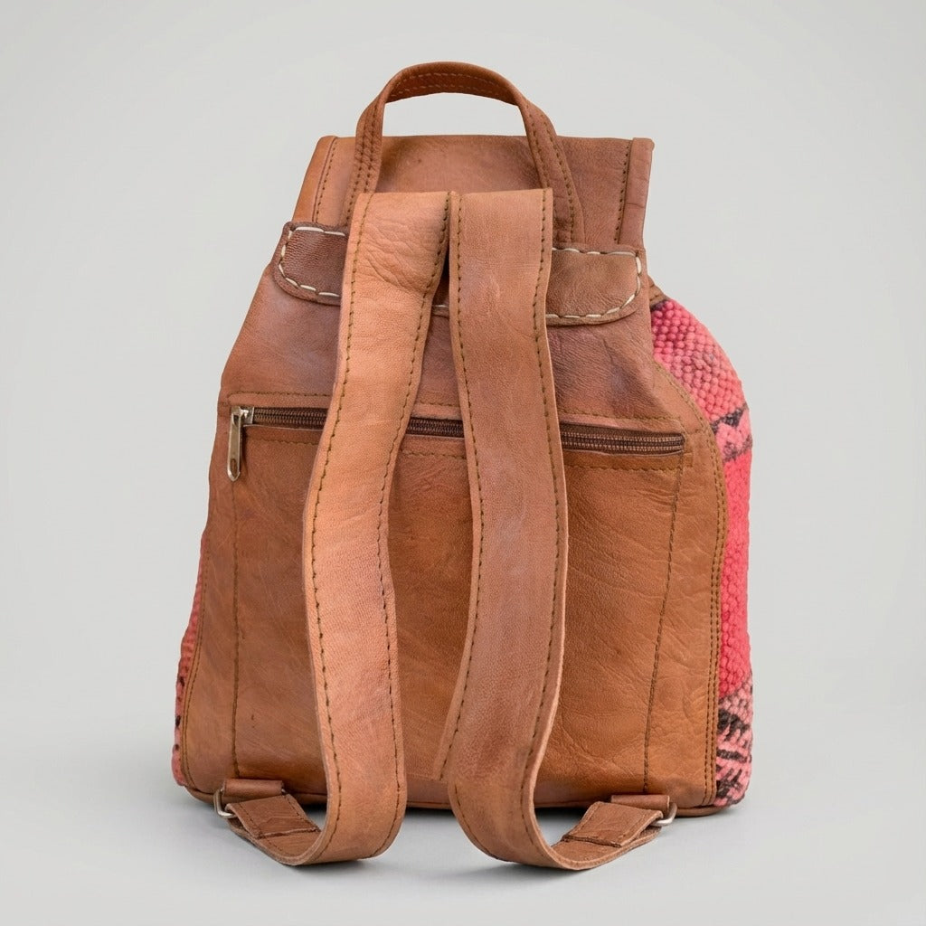 Kilim Leather Backpack Handmade Boho Wool & Tan Leather Rucksack