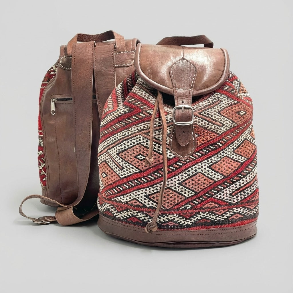 Handmade Kilim Leather Backpack Boho Rucksack with Vintage Rug Pattern