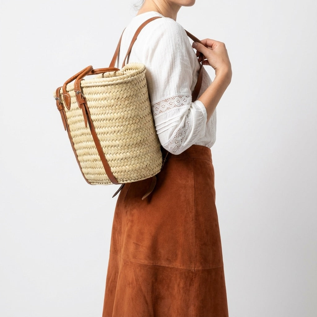 French Market Straw Backpack with Leather Straps