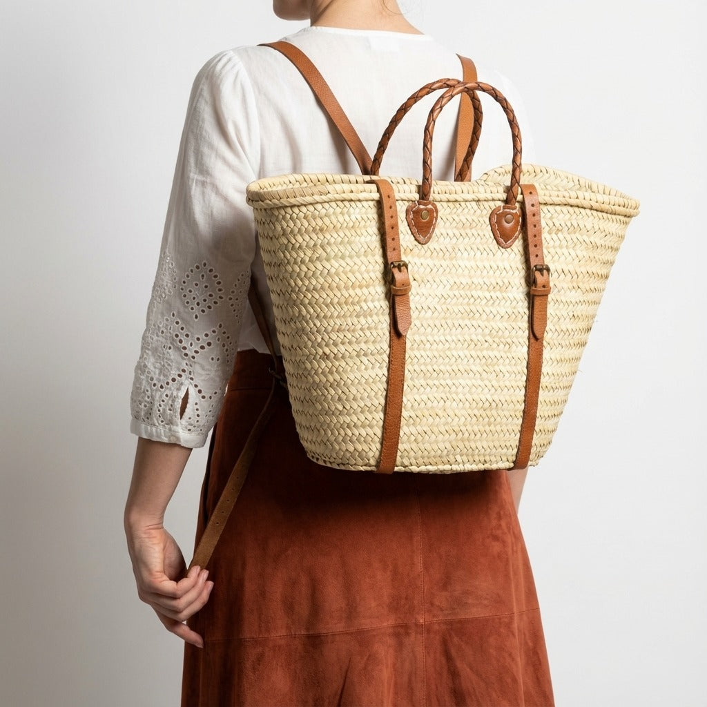 French Market Backpack Woven Straw Basket with Leather Straps