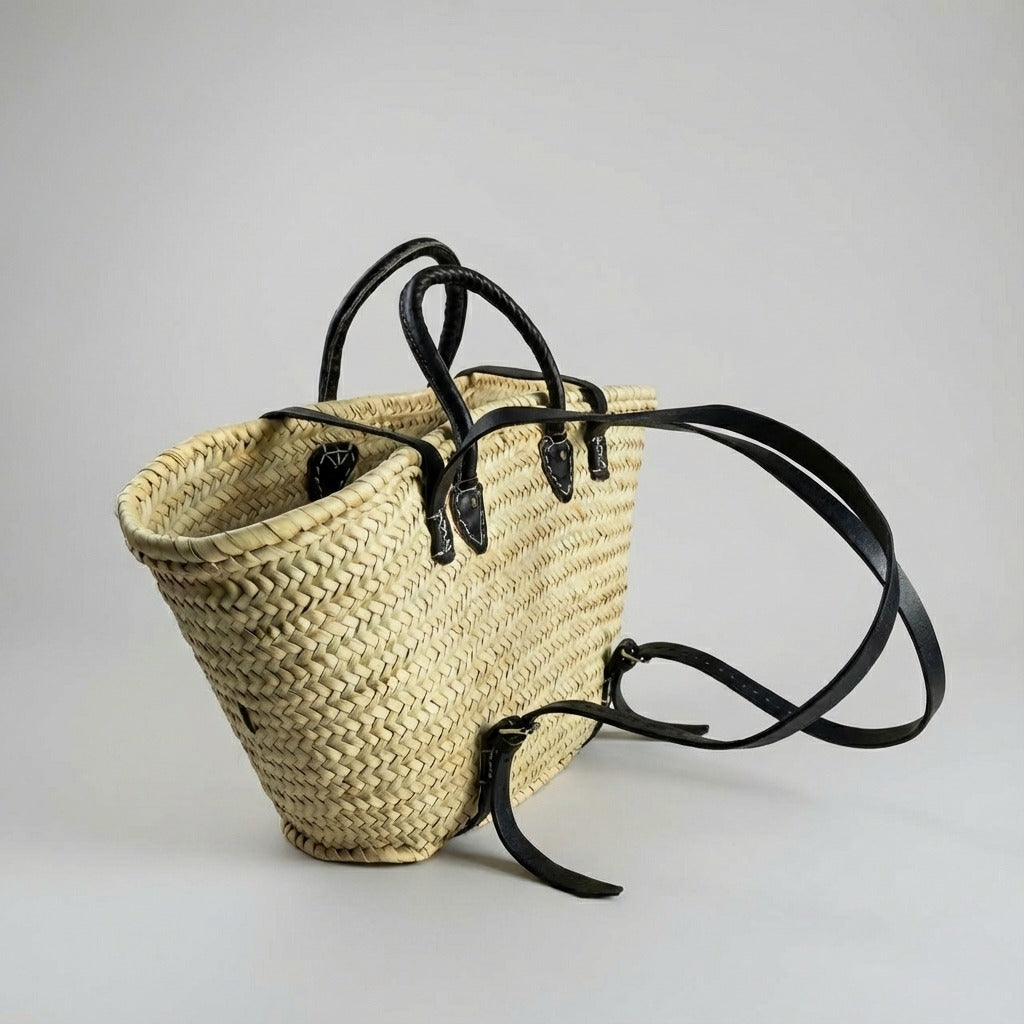 French Market Straw Backpack with Leather Straps