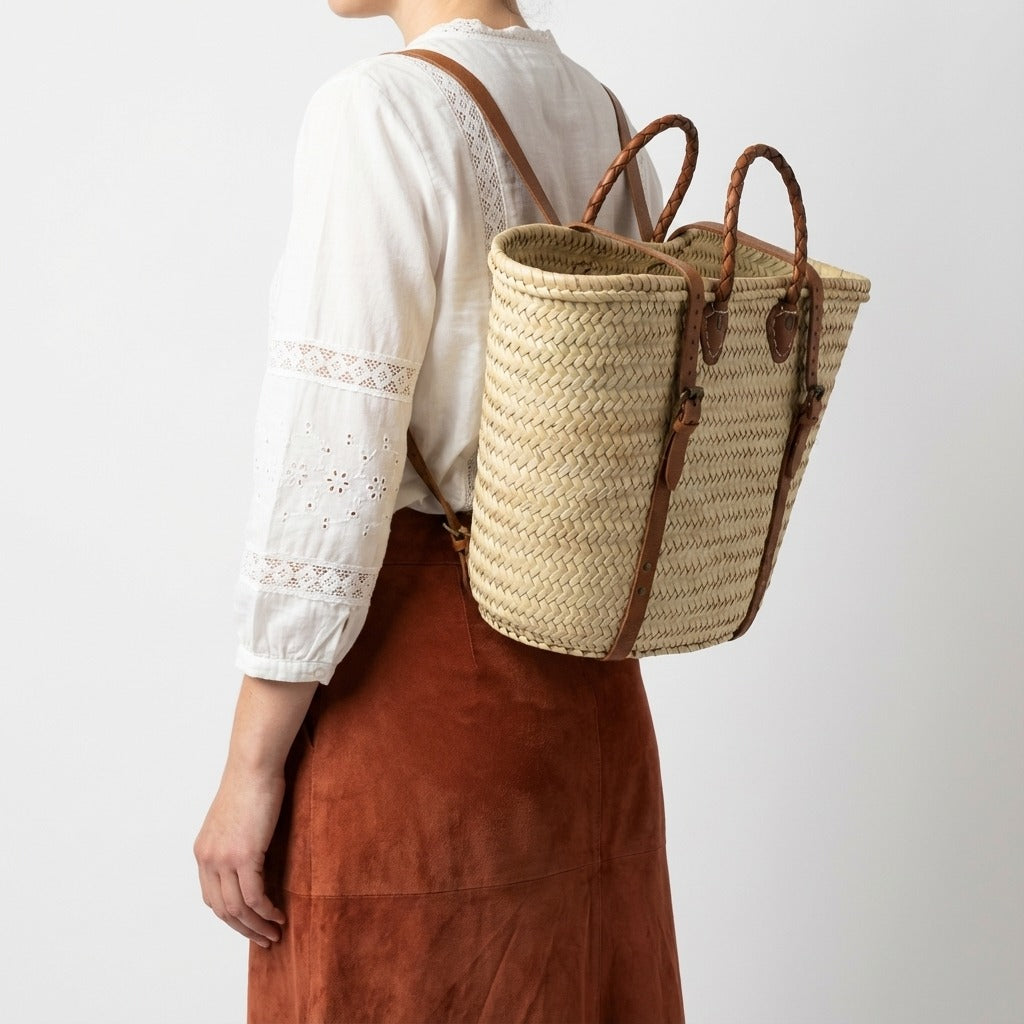 French Market Backpack Woven Straw Basket with Leather Straps