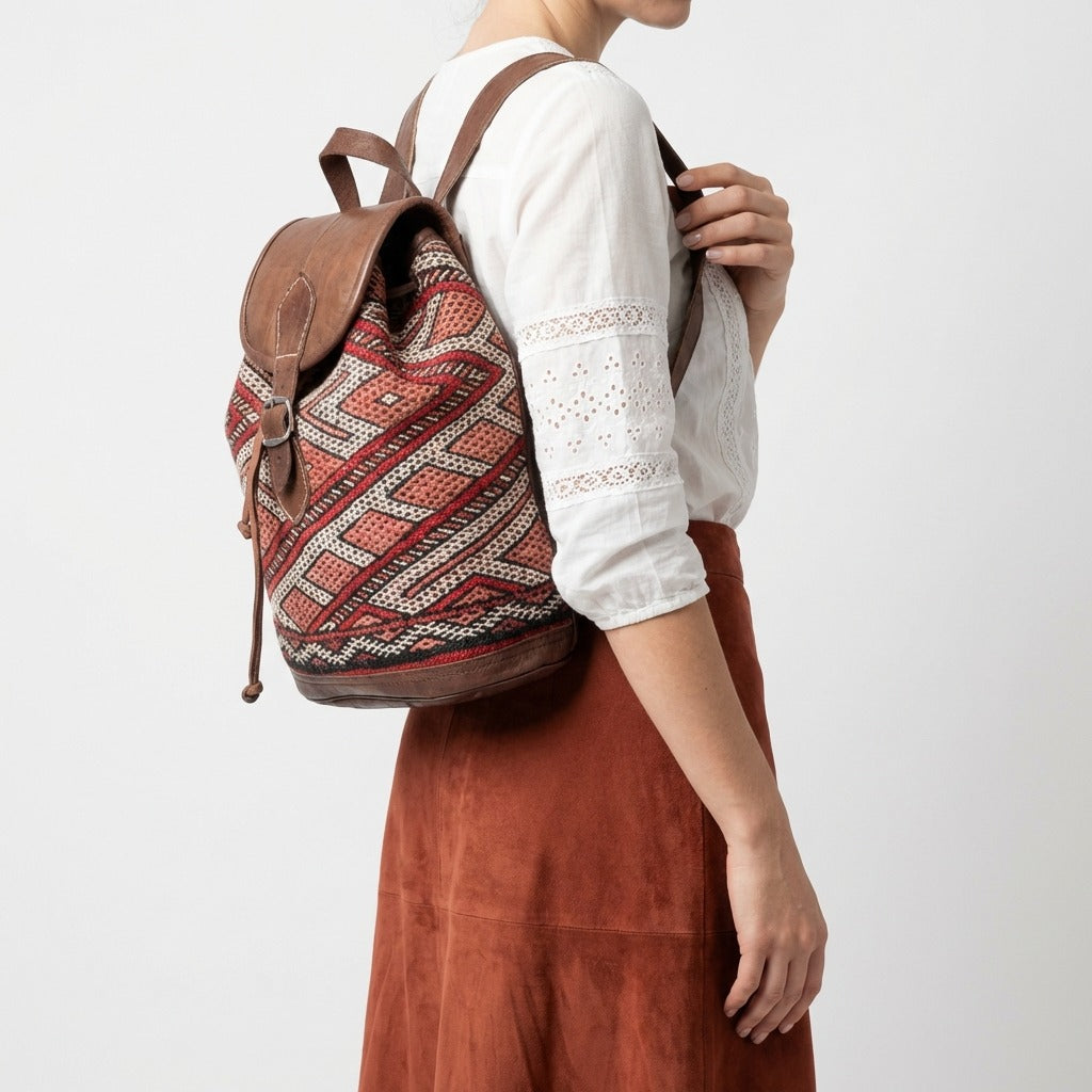 Handmade Kilim Leather Backpack Boho Rucksack with Vintage Rug Pattern