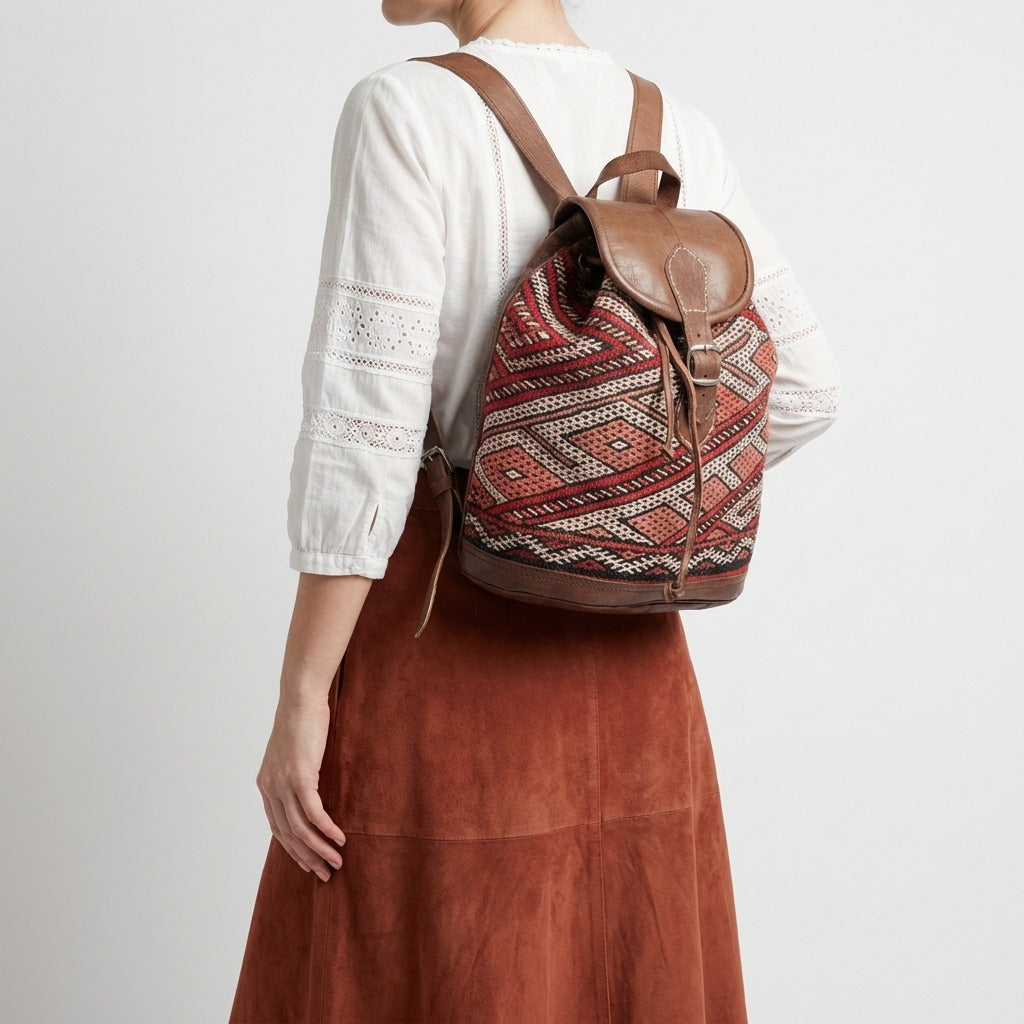 Handmade Kilim Leather Backpack Boho Rucksack with Vintage Rug Pattern