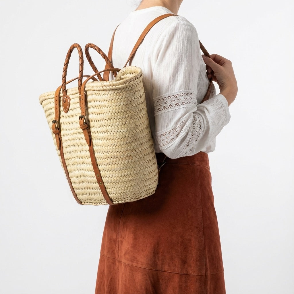 French Market Backpack Woven Straw Basket with Leather Straps
