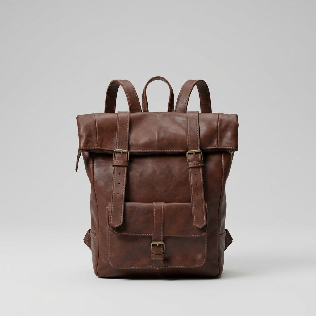 Vintage Leather Roll Top Backpack Large Travel Rucksack