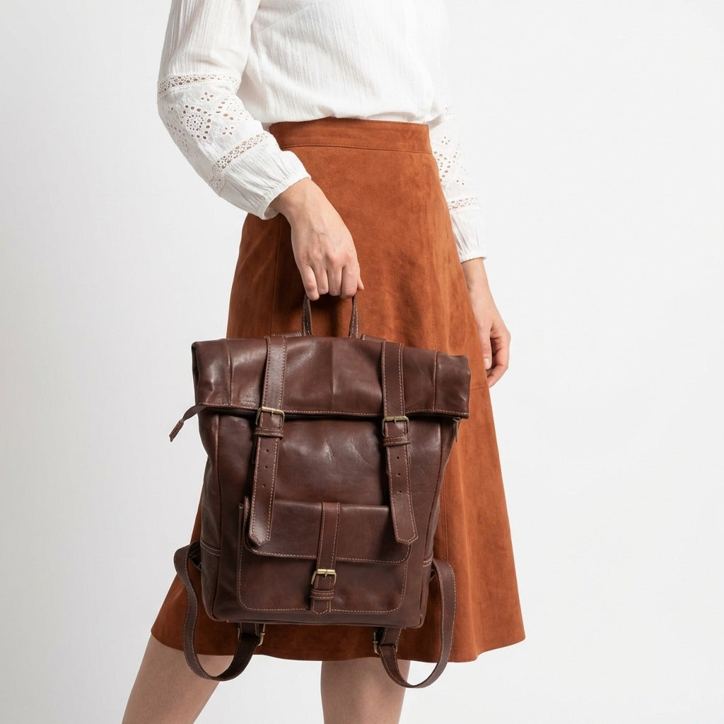 Vintage Leather Roll Top Backpack Large Travel Rucksack