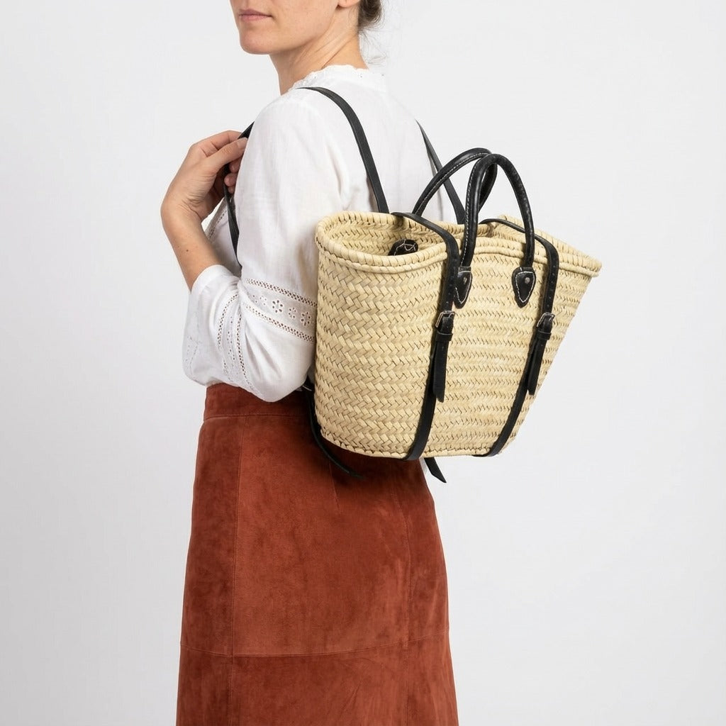 French Market Straw Backpack with Leather Straps