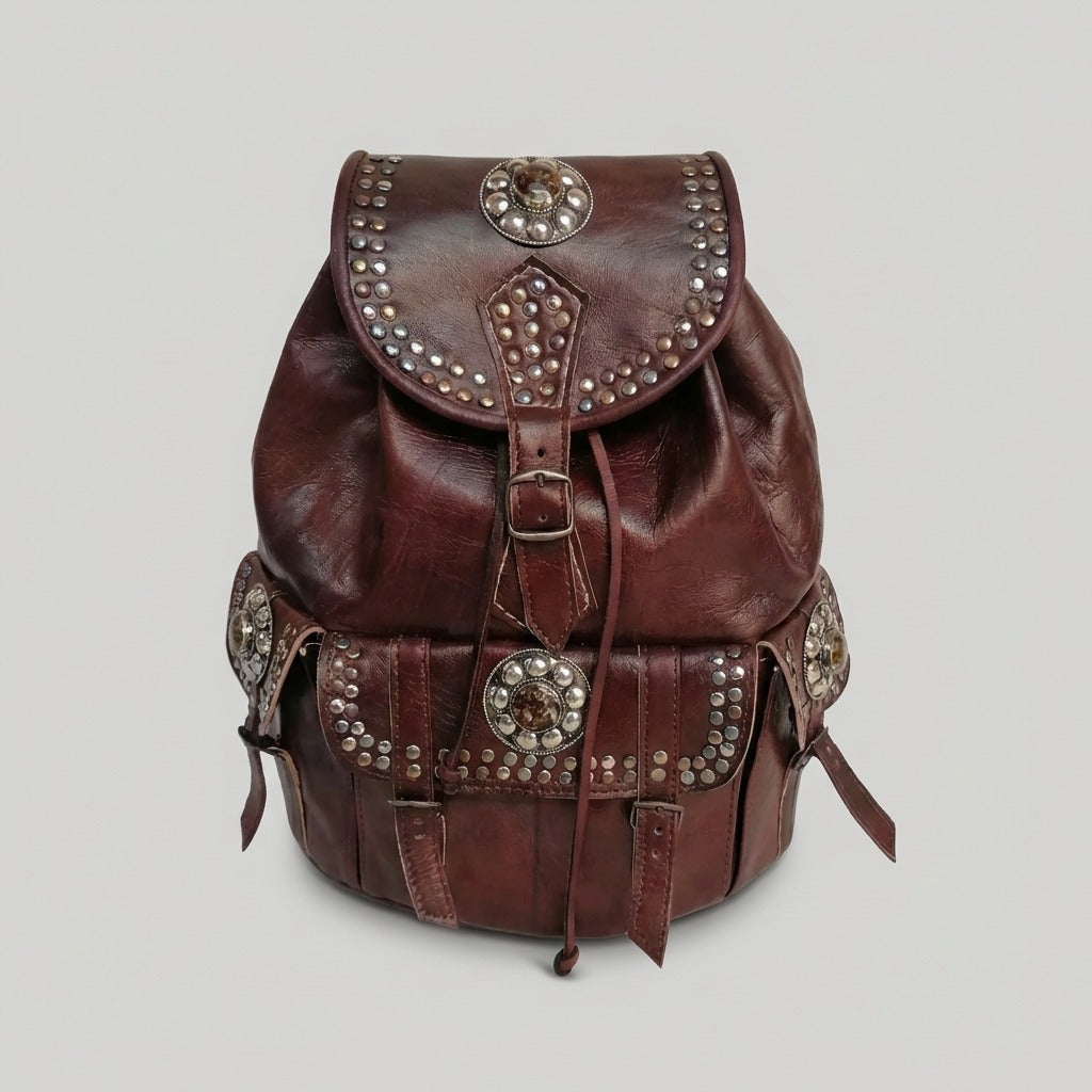 Vintage Style Leather Backpack Boho Western Rucksack with Studs