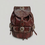 Vintage Style Leather Backpack Boho Western Rucksack with Studs