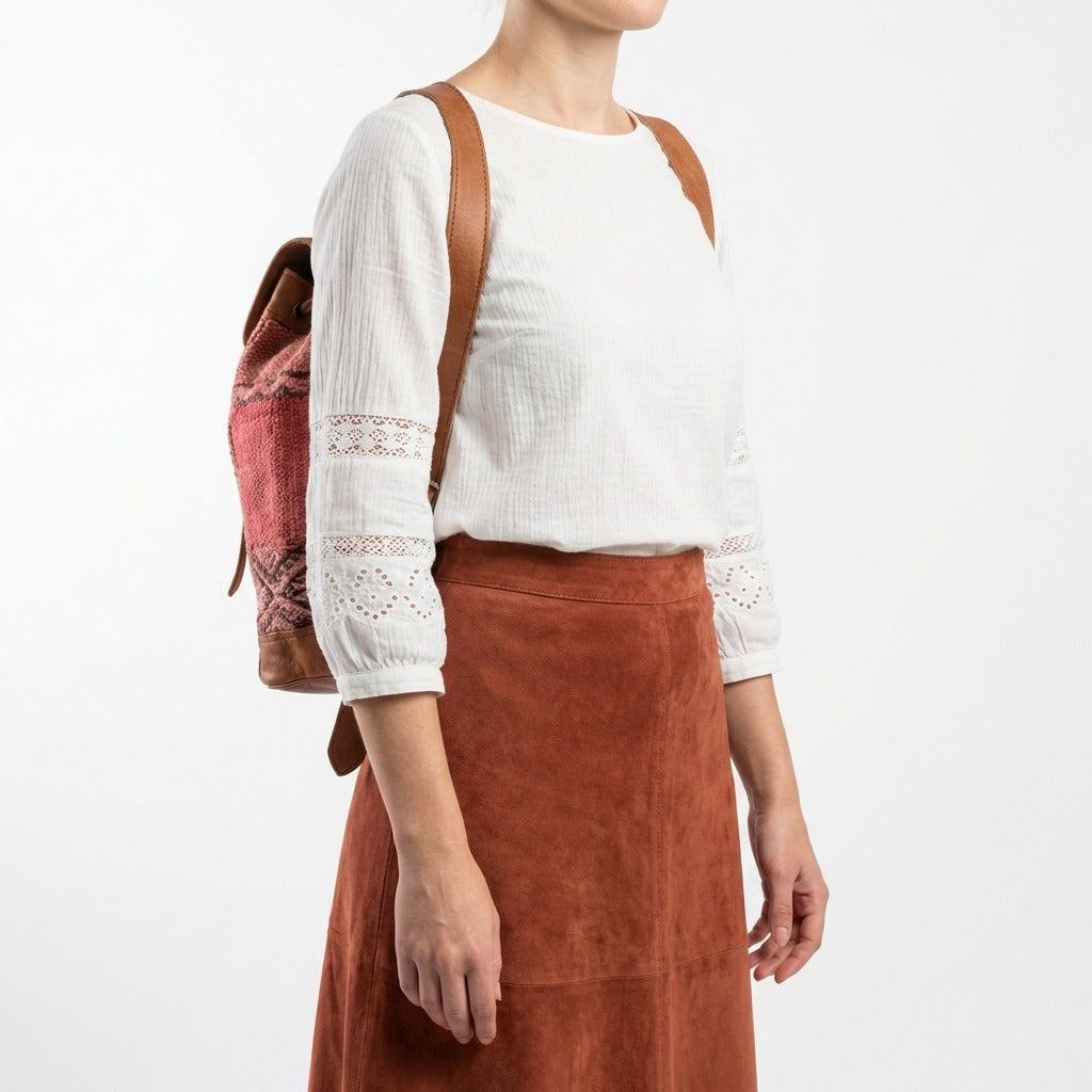 Kilim Leather Backpack Handmade Boho Wool & Tan Leather Rucksack