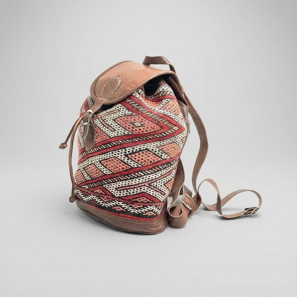 Handmade Kilim Leather Backpack Boho Rucksack with Vintage Rug Pattern