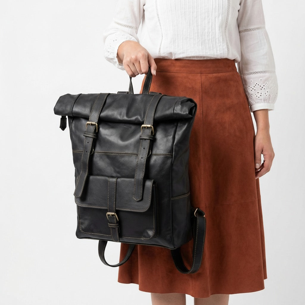 Vintage Leather Roll Top Backpack Large Travel Rucksack