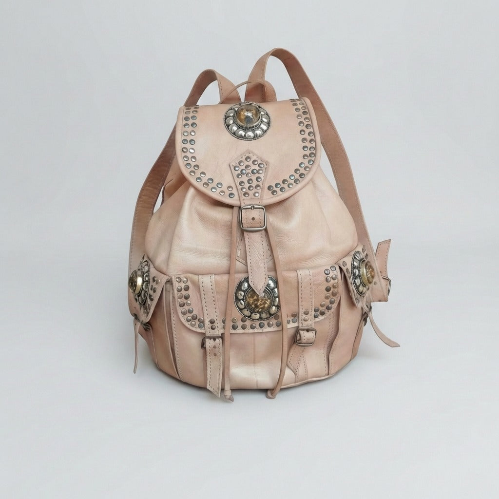 Vintage Style Leather Backpack Boho Western Rucksack with Studs