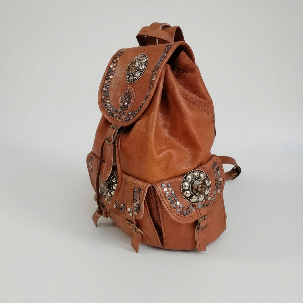 Vintage Style Leather Backpack Boho Western Rucksack with Studs