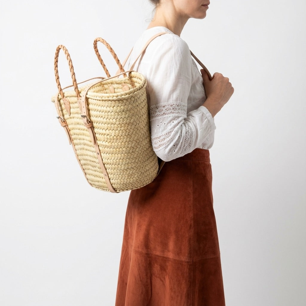 French Market Backpack Woven Straw Basket with Leather Straps