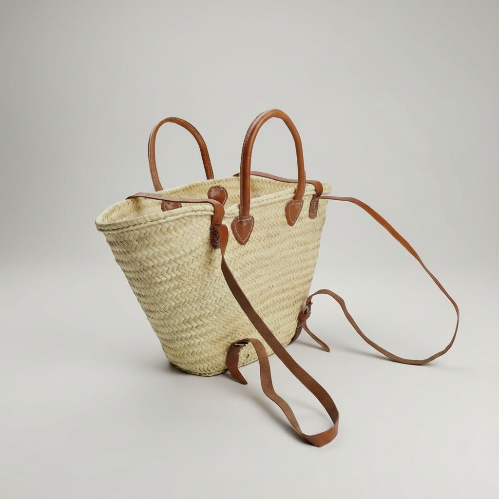 French Market Straw Backpack with Leather Straps