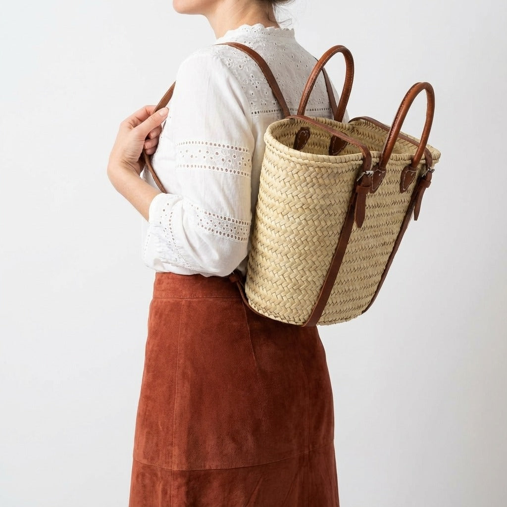 French Market Straw Backpack with Leather Straps