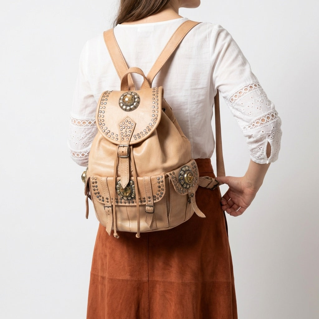 Vintage Style Leather Backpack Boho Western Rucksack with Studs