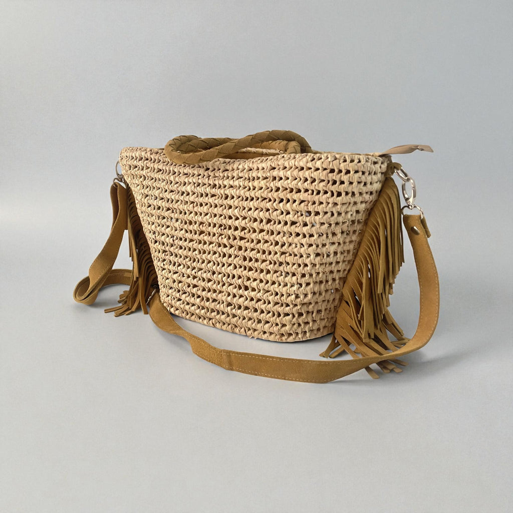Boho Woven Straw Tote Bag with Suede Fringe & Detachable Strap