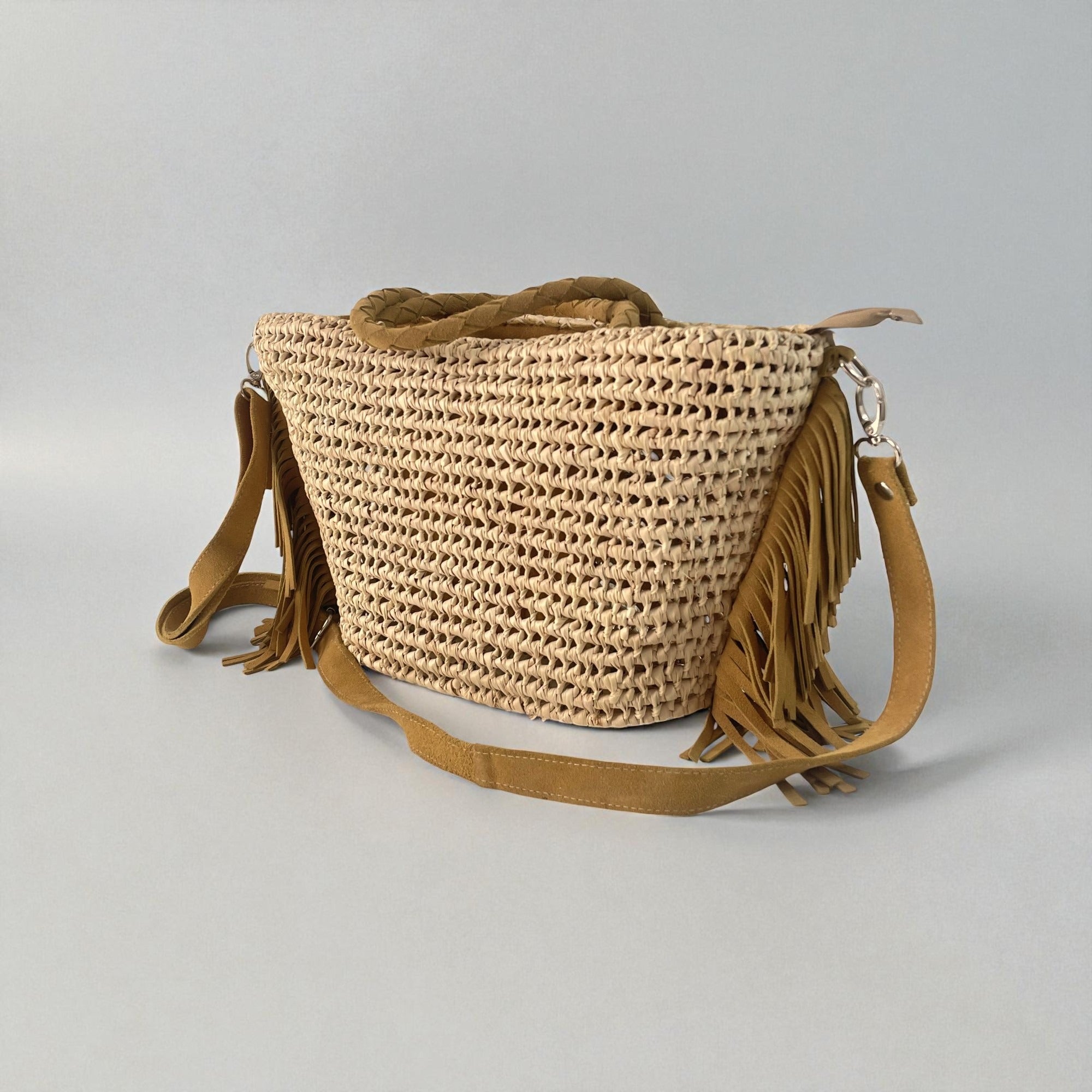 Boho Woven Straw Tote Bag with Suede Fringe & Detachable Strap