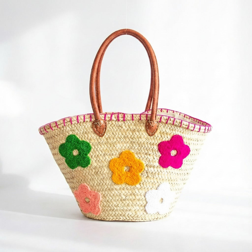 Floral Straw Tote Bag with Leather Handles - Woven Summer Market Basket