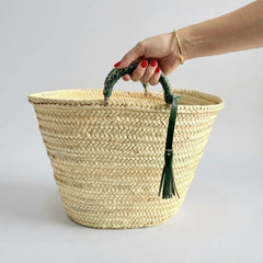Woven Palm Leaf Market Basket Leather Handles Tassel