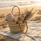 French Market Basket with Double Leather Handles - Woven Straw Tote
