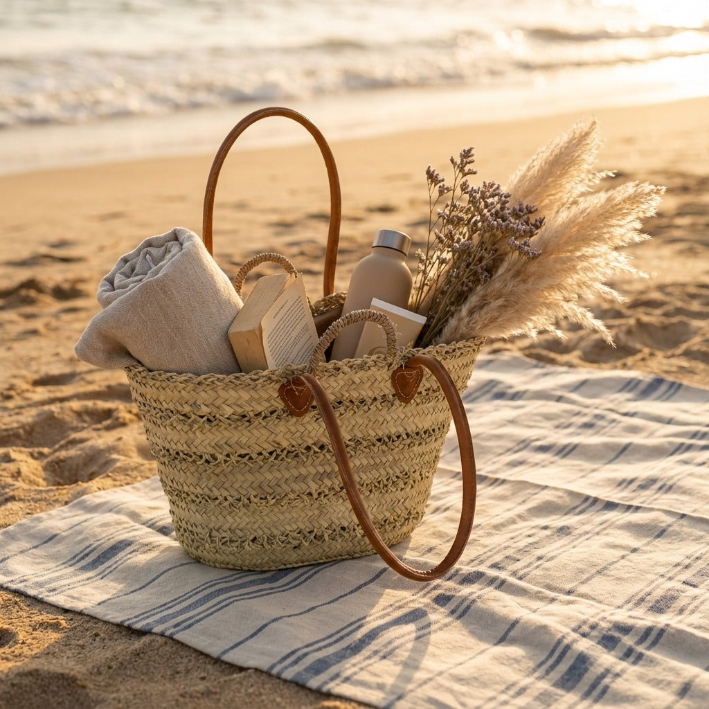 French Market Basket with Double Leather Handles - Woven Straw Tote