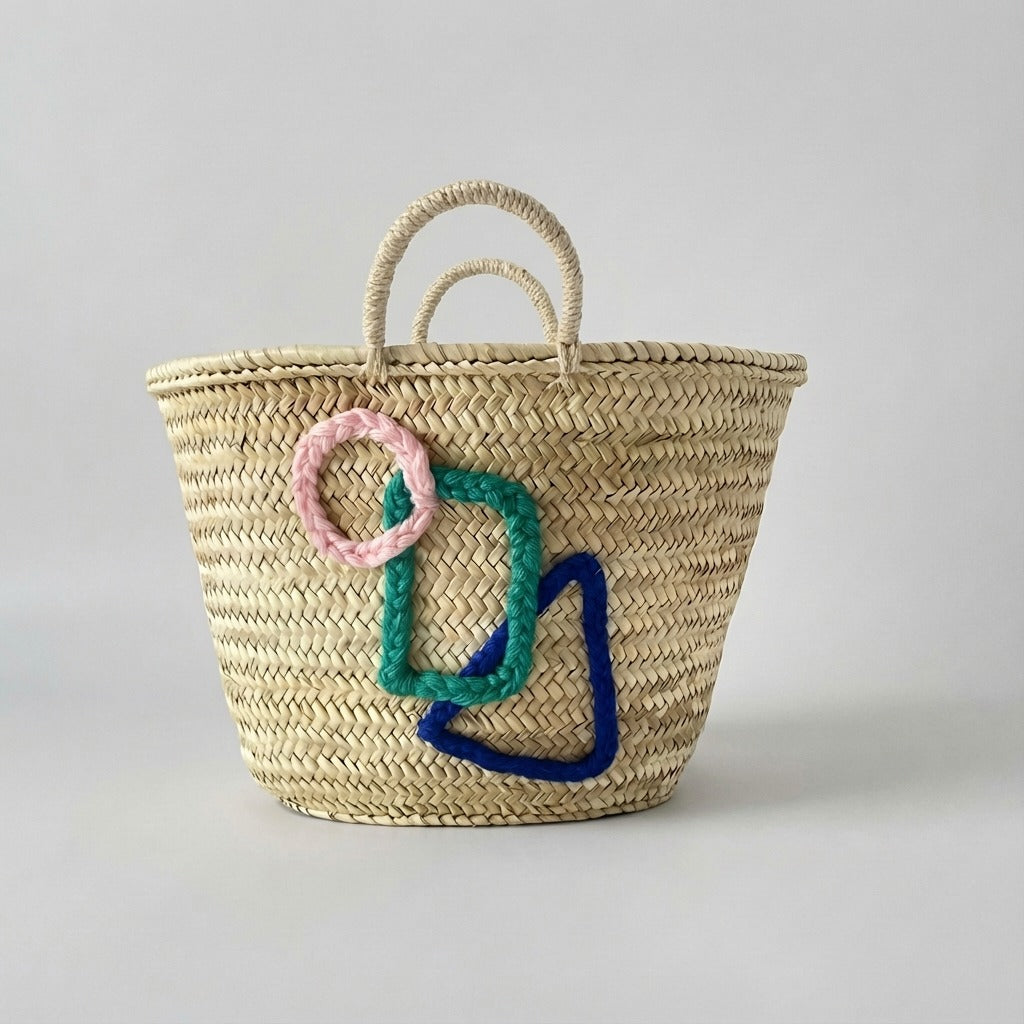 Geometric Embroidered Woven Straw Market Basket Tote